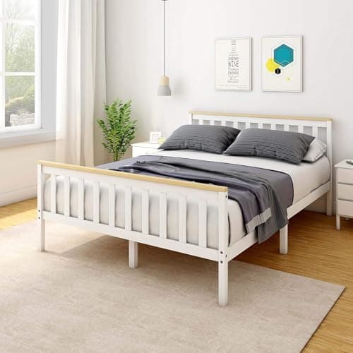 Image of Panana White+Natural 4FT6 Wooden Pine Shaker Bed | Slatted Base Solid Wood Construction for Bedroom Furniture (White/Natural, Double)