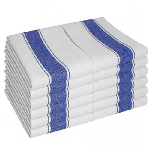 Image of Pack of 10 Large Cotton Kitchen Tea Towels – 100% Soft & Absorbent Dish Cloths for Drying & Cleaning – Multipurpose Tea Towels Set – White & Blue Stripes – 50 x 75 cm