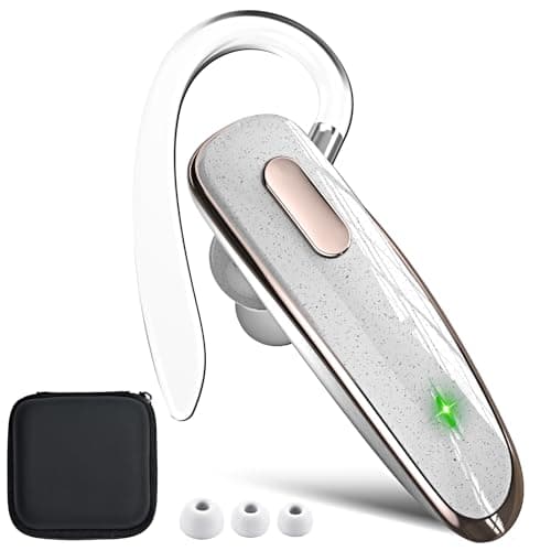 Image of Jinreoo Bluetooth Headset, V5.1 Ultralight Wireless Handsfree Earpiece Cell Phone with Noise Cancellation Microphone for iOS Android Trucker Driver- White