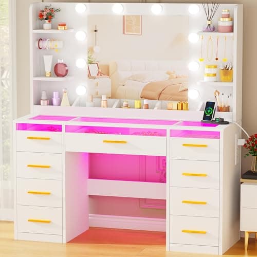 Image of ANWBROAD Dressing Table with Mirror and Lights 3 Colors Large Makeup Vanity Desk Transparent Glass Top with 9 RGB Drawers, 4 Shelves Vanity Table with Power Outlet White Bedroom Women YBDT95W