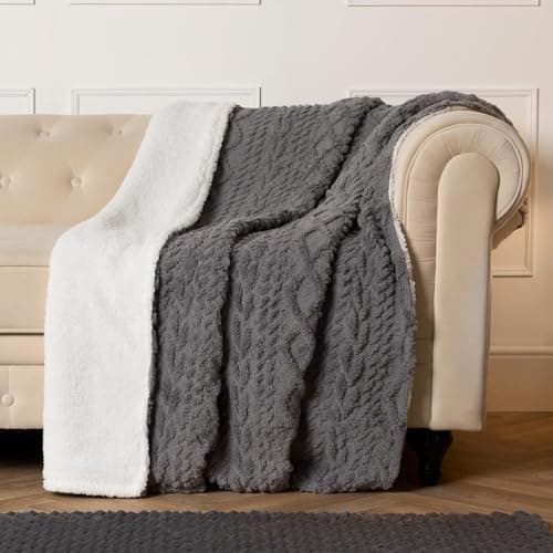 Image of OHS Knitted Blanket Grey Throw for Sofa, Cable Knit Ultra Soft Warm Teddy Fleece Blanket for Bed Couch Winter Thermal Blanket Sherpa Throw Reverse Living Room Bedroom, 130 x 160cm