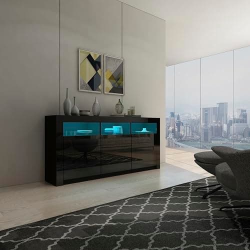 Image of Sideboard, Black Gloss Sideboards for Living Room, Living Room Cabinets with LED Lights, 2 Door, 3 Drawers and 3 Open Shelves, Modern Display Unit for Kitchen Dining Room Hallway 160 * 35 * 72CM