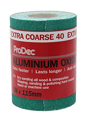 Image of ProDec 5m Roll 40 Grit Extra Coarse Grade Green Aluminium Oxide Abrasive Sanding Paper for Sanding Wood, Paint, Plaster, Filler, Metal and More, 115mm Wide Sandpaper Compatible with Machine Sanders