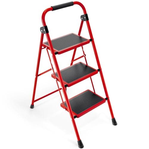 Image of KINGRACK Folding 3-Step Ladder with Non-Slip Pedals, Sturdy Steel, Lightweight & Portable, Red