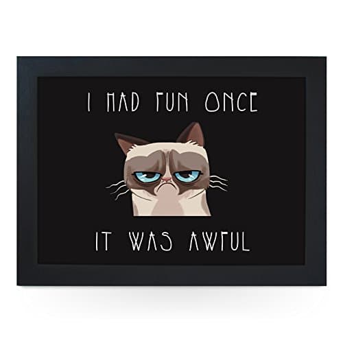 Image of Portable Lap Desk Tray (Grumpy Cat Cartoon) Handmade Wooden Frame, Beanbag Cushioned Bottom | Computers, Laptops, Meals, Food | L0099 Black