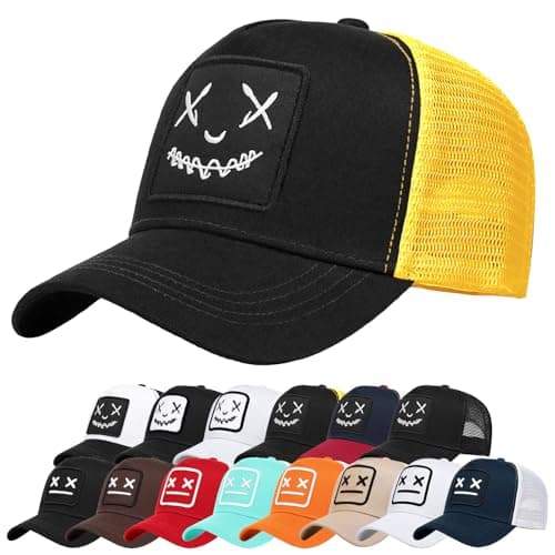 Image of Enwokran Baseball Cap Mens Quirky Bizarre Embroidery Hats Unisex, Hip Hop Trucker Caps Adjustable Mesh Back UPF 50+ UV Protection Summer Sun Hat Sports Cap (A_Black Yellow)
