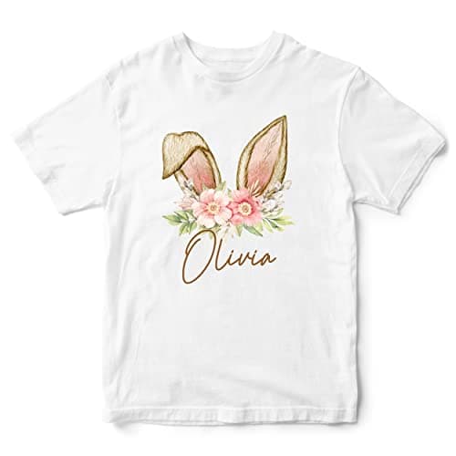 Image of Personalised Bunny Ears T Shirt Girl Easter Sunday Rabbit Spring Tee, 5-6 Years, White