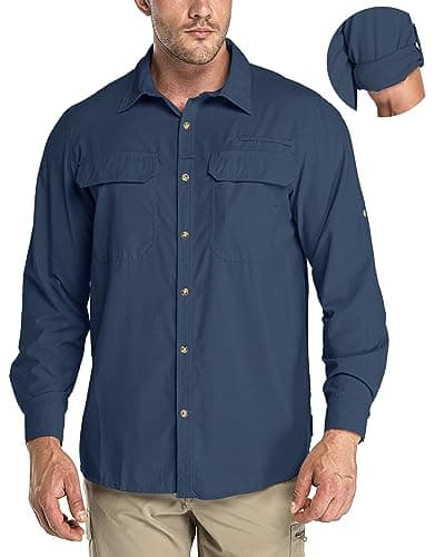 Image of 33,000ft Men's Long Sleeve Shirts UV Protection Safari Button-Down Shirt Breathable Wicking Quick Drying Outdoor Top with Pockets for Hiking Fishing Golfing,Navy Blue L