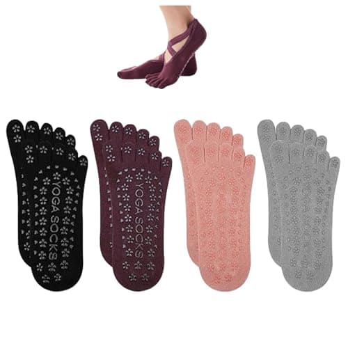 Image of flintronic Yoga Socks, Non-Slip Pilates Sock with Straps, Cotton Five Toe Grip Socks, Sweat Absorption, Suitable for Pilates, Ballet, Barre, Barefoot Workout, Dance