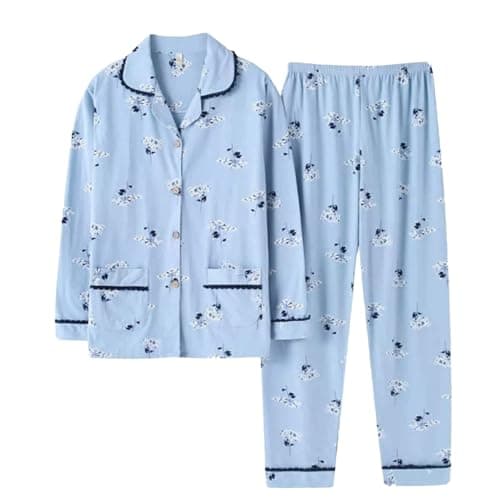 Image of NSICBMNO Blue Cotton Pyjamas For Women Uk Long Sleeve Pjs Winter Two Piece Outfit Lounge Wear Sets Floral Blouses Button Up Shirts Elastic Waist Trousers Pj Bottoms Nightwear Sleepwear Plus Size