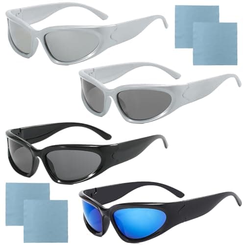 Image of VEGCOO 4 Pcs Wrap Around Sports Sunglasses, UV400 Shades Outdoor Sport Sunglasses, Y2K Stylish Polarised Oval Sunglass for Men Women Driving Running Cycling Fishing Golf