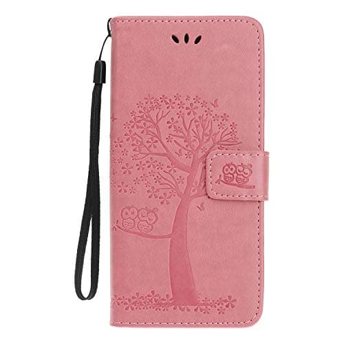 Image of Skhawen for iPhone 11 Case, Flip Shockproof PU Leather Embossed Owl Wallet Magnetic Cover for iPhone 11 with Card Holder Viewing Stand, Pink