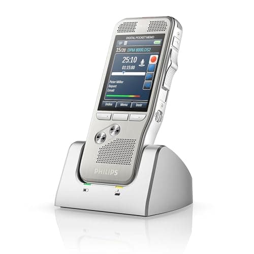 Image of Philips DPM8000 Digital Voice Recorder, Slide Switch Operation, 3D Microphone for Stereo Sound Recording, Colour Display, Stainless Steel Housing, Includes Voice Recorder Software SpeechExec Pro