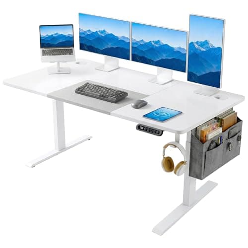 Image of Blisswood Electric Standing Desk, Adjustable Height 160 × 70cm, Sit Stand Desk with Memory Smart Panel, Large PC Study Metal Frame Table with Backpack Hook & Storage Pocket Home Office Furniture_White