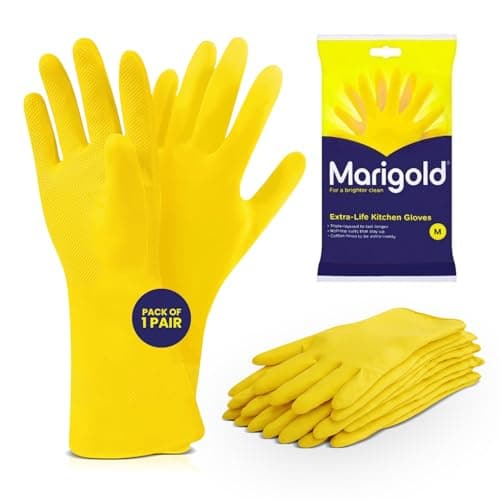 Image of Marigold Unisex Rubber Gloves for Kitchen Cleaning – Durable Yellow Household Gloves, Pack of 1, Reusable, Waterproof, Strong Grip for Dishwashing & Cleaning Tasks (Yellow, M - 1 Pair)