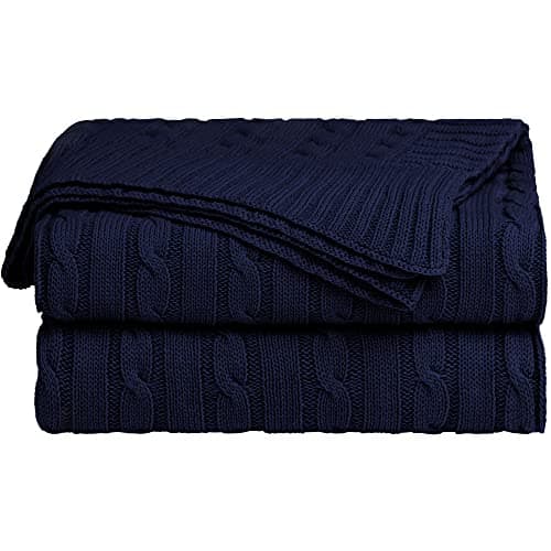 Image of sourcing map Soft 100% Cotton Knitted Throw Blanket for Sofa and Couch, Lightweight Cable Knit Blanket, Home Decorative Blanket, Navy Blue, 50" x 60"