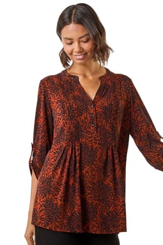 Image of Roman Originals Pintuck Shirt for Women Ladies Jersey Blouse Collarless Top Flare Crinkle Notch Neck Tunic 3/4 Length Sleeve Longline Smart Casual Party Going Out - Rust Black - Size 18