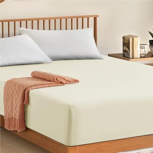Image of My Home Store Fitted Sheet 100% Egyptian Cotton 300TC Hotel Quality 30 cm Fitted Bedsheets (Cream, Double)