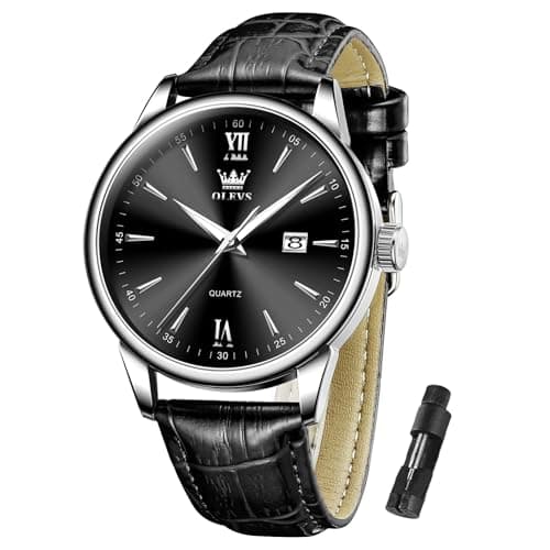 Image of OLEVS Men's Quartz Watch Leather Strap Classic Watch Waterproof Black Dial with Date Business Luminous Watches for Men