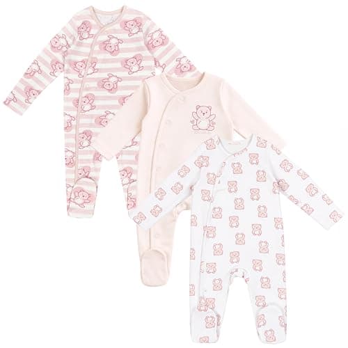 Image of Baby Sleepsuits 3 Pack Girls Cotton Teddy Bears Flowers Stripes (Multicolour Teddy Bears, 3-6 Months)