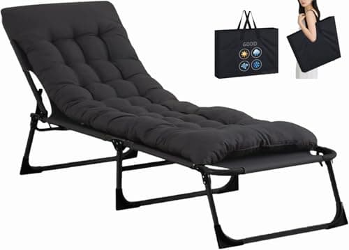 Image of Heavy Duty Folding Garden Sun Lounger 22mm Steel Frame Support 264lbs 4-Position Adjustable Folding Chaise with Pillow Sun Bed with Cushion For Beach, Garden, Patio (Without sunshade, New Black)