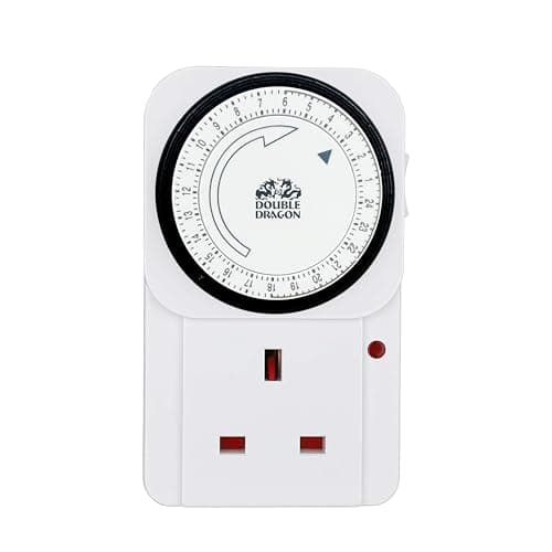Image of Double Dragon Pack of 1, 24 Hour Mechanical Timer Plug Socket| Programmable UK 3-Pin Timer Switch with 15-Minute Intervals |13A 3120W Energy-Saving Plug-in Timer for Lights, Appliances & Home Security