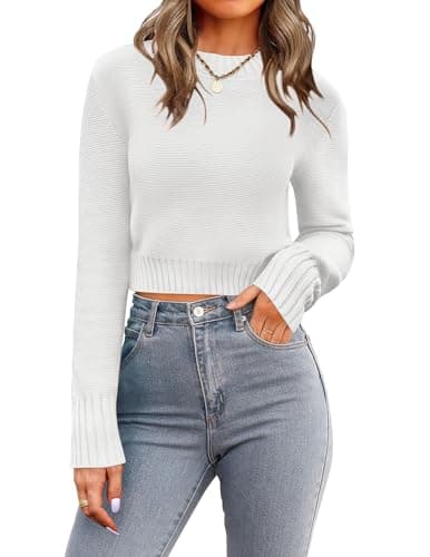 Image of Zeagoo Sweater for Women Fall Crewneck Cropped Jumpers Long Sleeve Ribbed Knit Pullover Trendy Jumper Tops White XS