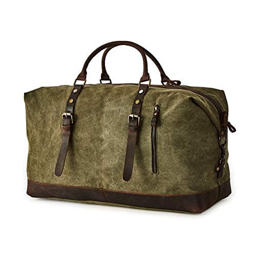 Image of BRASS TACKS Leathercraft Waxed Canvas Duffel Bag for Men Women Oversized Travel Tote Duffel Shoulder Weekend Bag with Genuine Leather Trim, Vintage Weekender Overnight Carryon Handbag(Green)