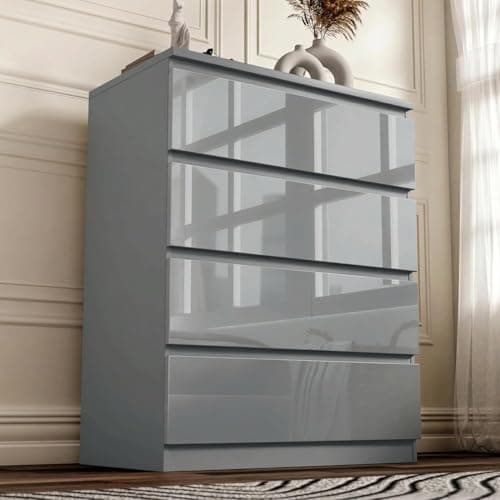Image of Blisswood Grey High Gloss Chest of Drawers 4 Drawer Bedroom Furniture Storage Unit with Smooth Metal Runners, Modern Tall Cabinet for Bedroom, Living Room, Office or Hallway 40D x 70W x 95.5H CM Grey