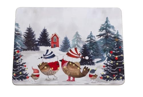Image of Maison & White Festive Forest Friends Placemats set of 4 | M&W | Christmas Robins with Festive Hats | Reusable Dinning Mats | Cork Backed | Heat Resistant | Tablewear
