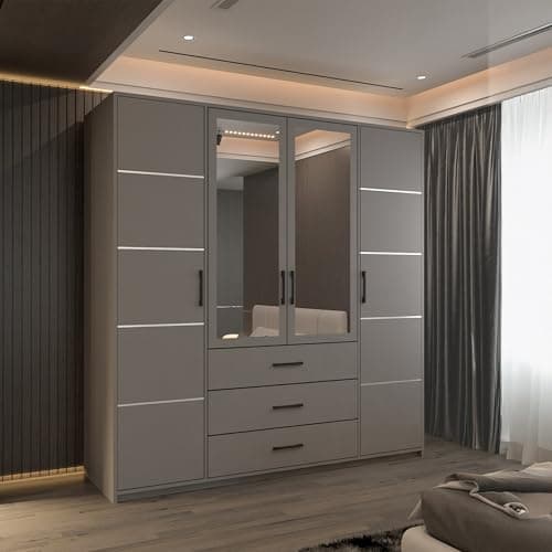 Image of MN Furniture 4 Door Hinged Wardrobe with Mirror Panels, Drawers & Shelves, Large Storage Bedroom Cupboard, Engineered Wood, 200cm (Grey)