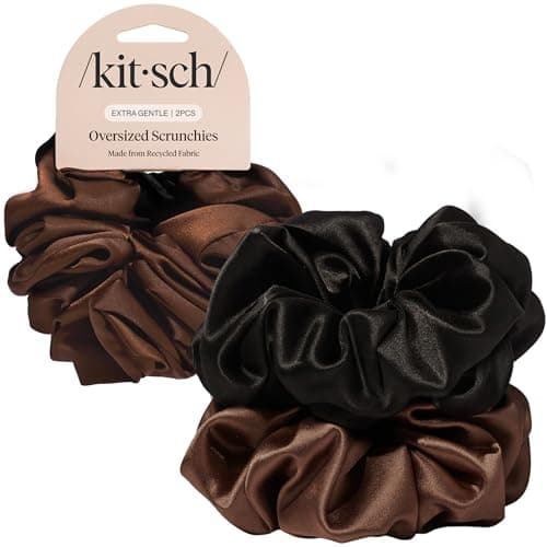Image of Kitsch Recycled Satin Oversized Scrunchies – Large Hair Scrunchies for Women, Eco-Friendly Hair Ties & Ponytail Holders | Ideal Gifts for Women - Black & Chocolate, 2pcs