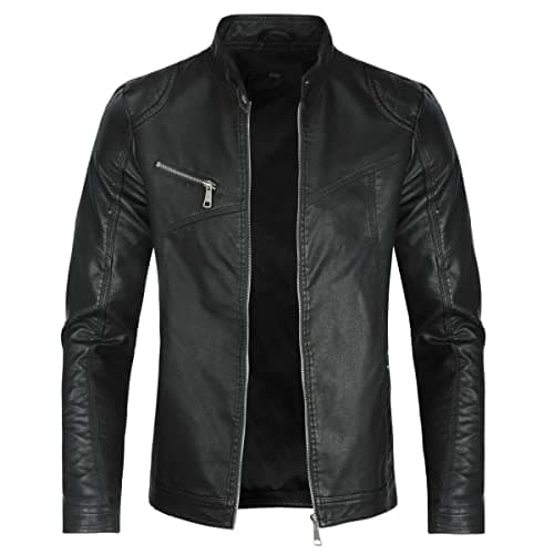 Image of Allthemen Mens Leather Jackets Casual Stand Collar Jacket Full Zipper Bomber Jacket Long Sleeve Outdoor #08 Black M