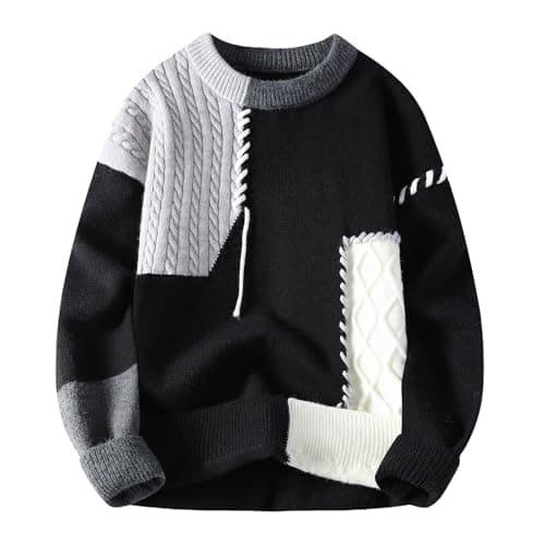 Image of GURUNVANI Patchwork Sweater Mens Colorblock Jumper Cable Knitted Pullover Oversized, Black, Medium