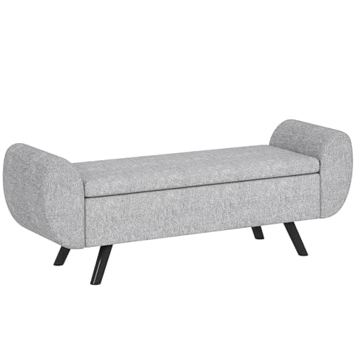 Image of HOMCOM Storage Ottoman with Armrest, Upholstered Linen Storage Bench, Window Seat with Rubberwood Legs, Footstool for Bedroom Living Room, Hallway, Dark Grey