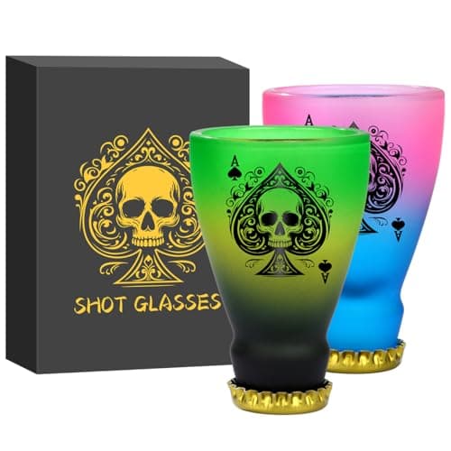 Image of LKKCHER NOVELTY Spades Skull Pattern Personalised Glass Shot Glasses, 43ml Shot Cups Set of 2 with Gift Box, for Men, Women, Wedding & Party Durable and Reusable Shot Glasses for Home,Bars & Party