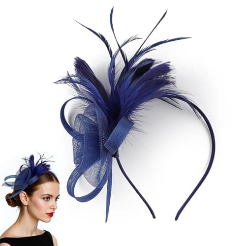 Image of Chersun Navy Fascinators for Women, Elegant Net Navy Fascinator Wedding Hat Clip, Vintage Lace Feather Blue Fascinators for Weddings, Blue Fascinator for Wedding Cocktail Evening Garden Tea Party