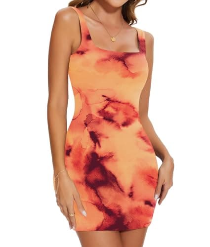 Image of SHAPERIN Women's Tank Dress Sqaure Neck Short Dresses Elegant Bodycon Mini Dress Sleeveless Ribbed Tight Dress A-Orange S