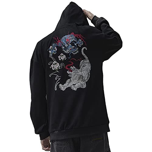 Image of XYXIONGMAO Embroiderd Streetwear Dragon Hoodies Men Techwear Sweatshirt Japanese Black Hip Hop Graphic Hoodie (as8, alpha, xx_l, regular, regular, Black)