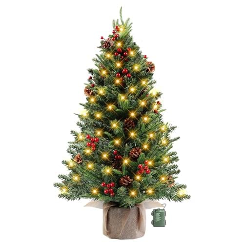Image of MaxEarn 90cm/3ft Mini Christmas Tree with Lights, Artificial Tabletop Christmas Tree with 80 LED Lights, 170 Branches (PE + PVC), Red Berries & Pine Cones for Xmas, Home, Table, Desk Decor