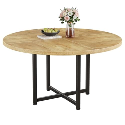 Image of Tribesigns 120cm Round Oak Dining Table for 4 People, Rustic Kitchen Table with Metal Legs, Farmhouse Wooden Dinner Table for Dining Room, Kitchen, Living Room