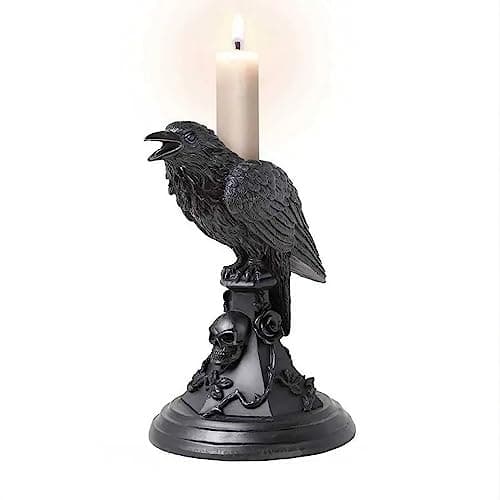 Image of Gothic Raven Crow Perching On Black Rose and Skull Tombstone Candle Holder (B)