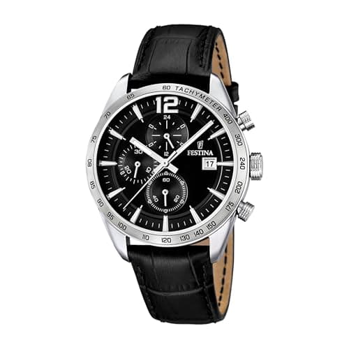 Image of Festina Men's Quartz Watch with Black Dial Chronograph Display and Black Leather Strap F16760/4