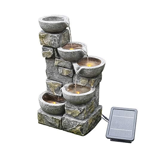 Image of Teamson Home Solar Powered Water Feature, Indoor or Outdoor Garden Water Fountain, Indoor Waterfall with Battery Back Up and LED Lights, 4 Tier