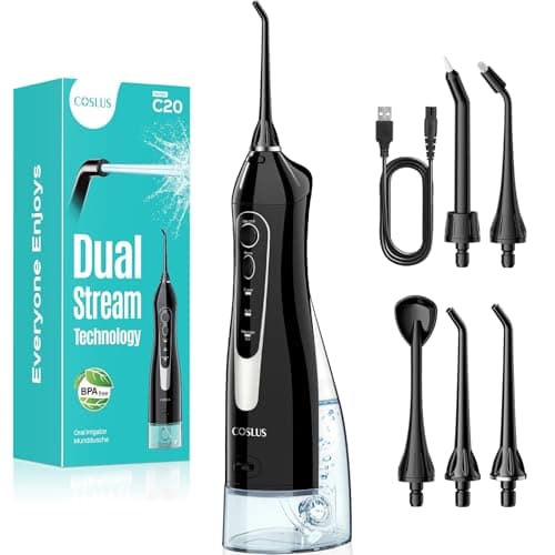 Image of COSLUS Water Dental Flosser for Teeth Cordless: Portable Oral Irrigator 300ML 5 Jet Tips Rechargeable Tooth Flosser Teeth Braces Pick IPX7 Waterproof Irrigation Cleaner for Travel Home