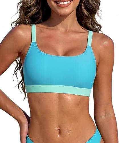 Image of Zando Blue/Green Colorblock Women's Sporty Bikini Top Scoop Neck Swimwear Adjustable Padded Swim Bra Athletic Bathing Suit Tops Wide Underband Crop Top