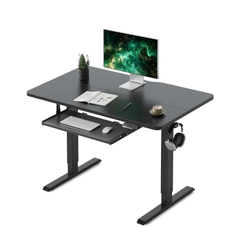 Image of FEZIBO Height Adjustable Electric Standing Desk with Keyboard Tray, 100 x 60 cm Sit Stand up Desk with Splice Board, Black Frame/Black Top