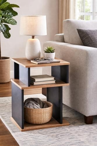 Image of Dylex 3 Tier Side Table Small End Table with Storage, Stylish Rustic Oak and black wood Coffee Table