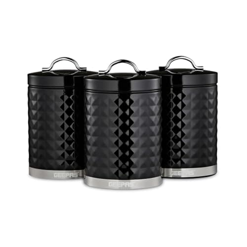 Image of GEEPAS Argyle 3-Piece Tea Coffee Sugar Canisters Set | 1.3L Airtight Durable Carbon Steel Material Lids & Body | Kitchen Storage Canisters Keeps Contents Fresh Aromatic & Flavourful | Black