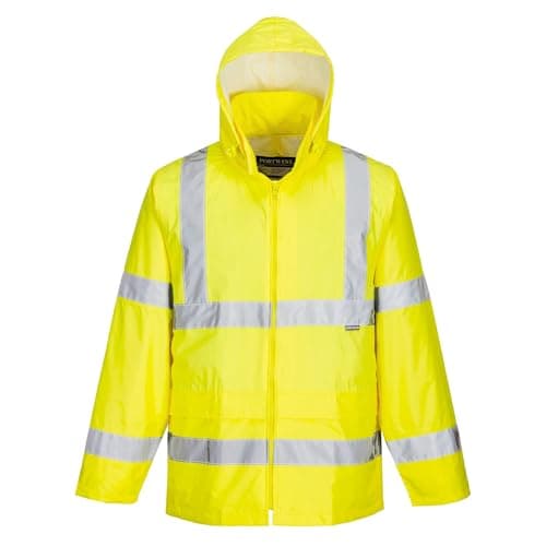 Image of Portwest H440 Waterproof Hi Vis Rain Jacket Mens Reflective Protective Wear Lightweight Hooded Work Coat Breathable Safety Jacket Bio Motion Tape Two Lower Pockets, Yellow, L